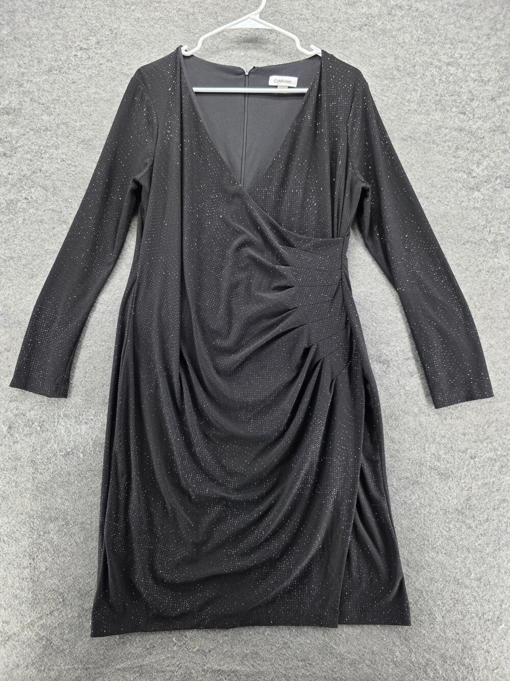 Calvin Klein Dress Womens 14 Black Sheath Knee Length Ruched V-Neck Glitter